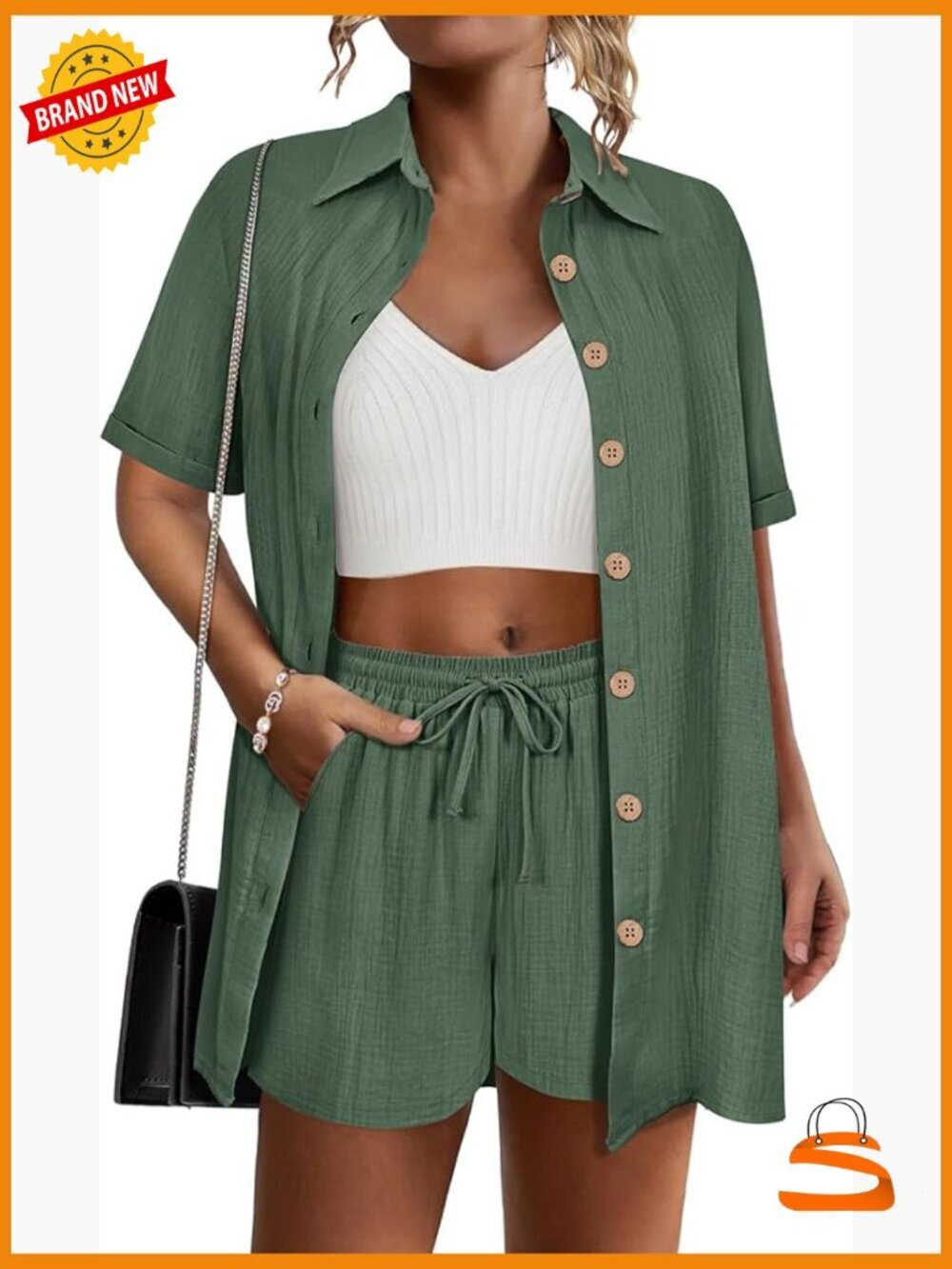 Plus Size Cotton Linen 2 Piece Outfit Button Down Short Sleeve Set with Shorts